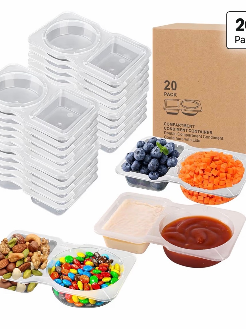 3 boxes of 20 Clear Double Compartment Condiment Containers - total 60